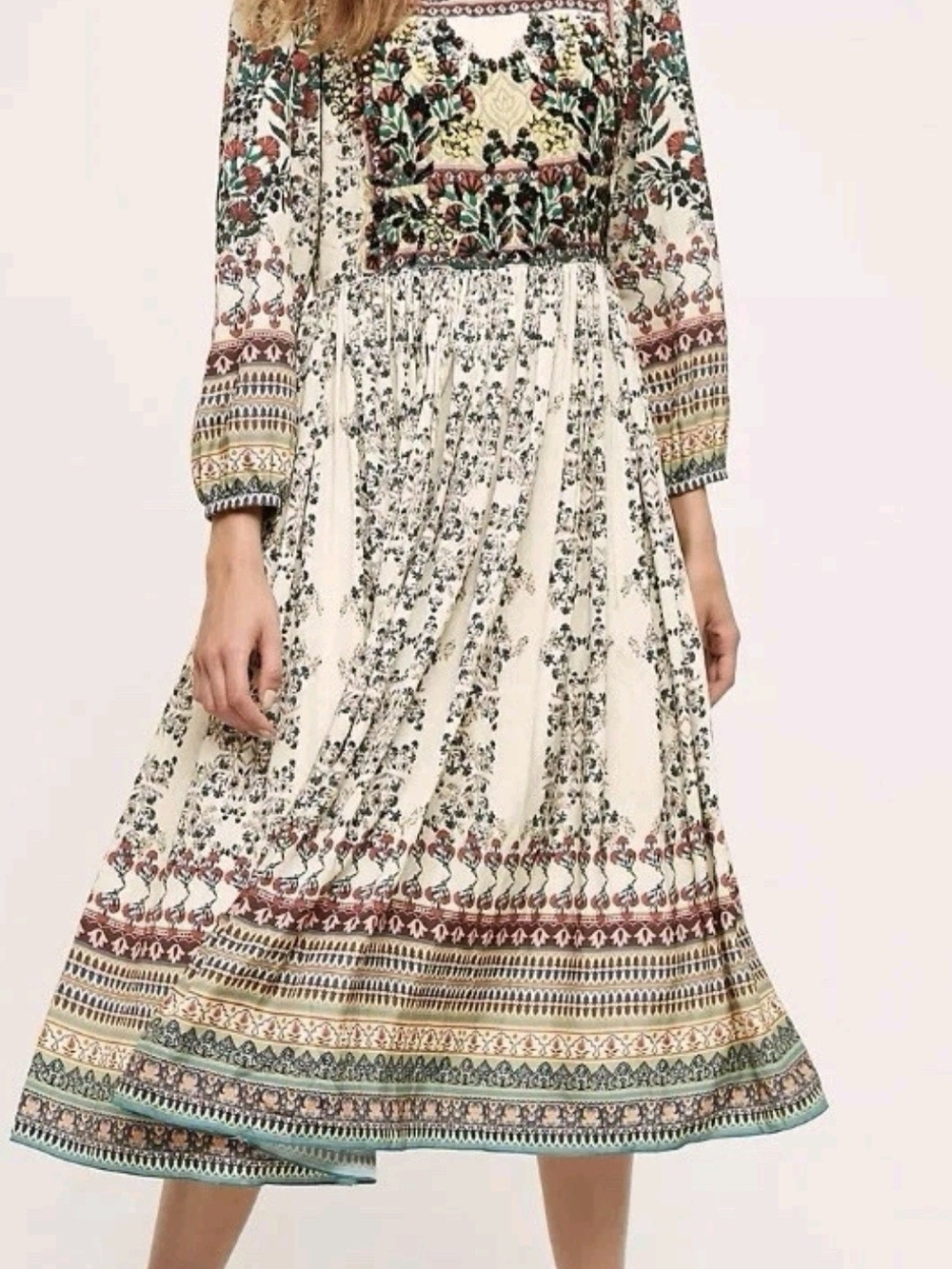 Bhanuni By Jyoti Cream Boho Midi Dress with Multicolor Sequence Border Size 2